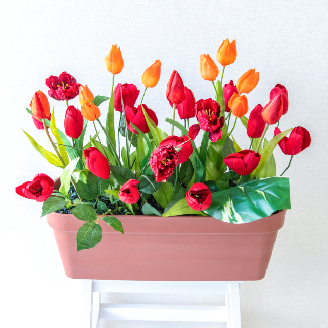 造花プランター フラワープランター フラワーアレンジメント フェイクグリーン 店舗装飾 ディスプレイ パチンコ店 工事現場 住宅展示場 モデルハウス ショールーム 春装飾 レッド/PF718-LB 造花プランター(チューリップ)