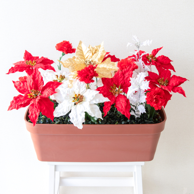 造花プランター フラワープランター フラワーアレンジメント フェイクグリーン 店舗装飾 ディスプレイ パチンコ店 工事現場 住宅展示場 モデルハウス ショールーム 冬装飾 クリスマス レッド/PF719-LB 造花プランター(ポインセチア):Aプ