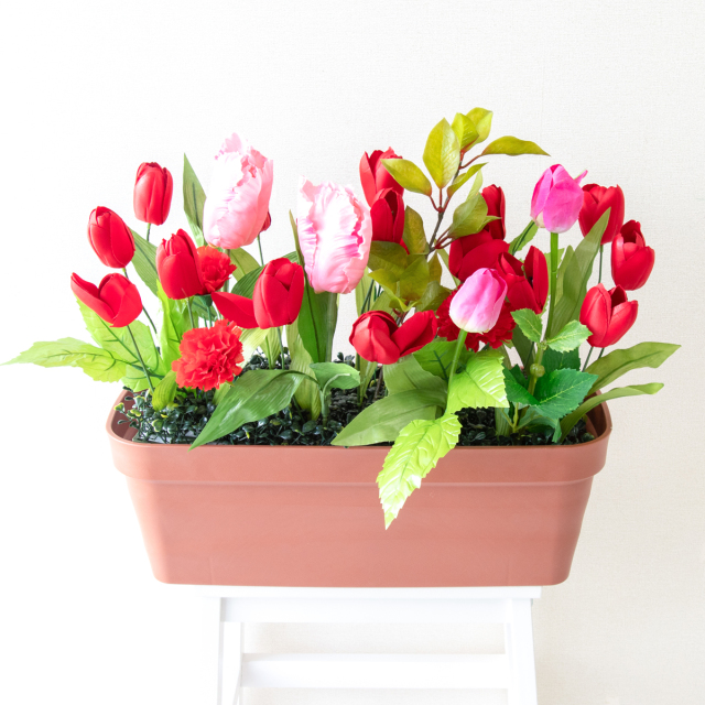 造花プランター フラワープランター フラワーアレンジメント フェイクグリーン 店舗装飾 ディスプレイ パチンコ店 工事現場 住宅展示場 モデルハウス ショールーム 春装飾 マルチカラー/PF722-LB 造花プランター(チューリップ):Aプ
