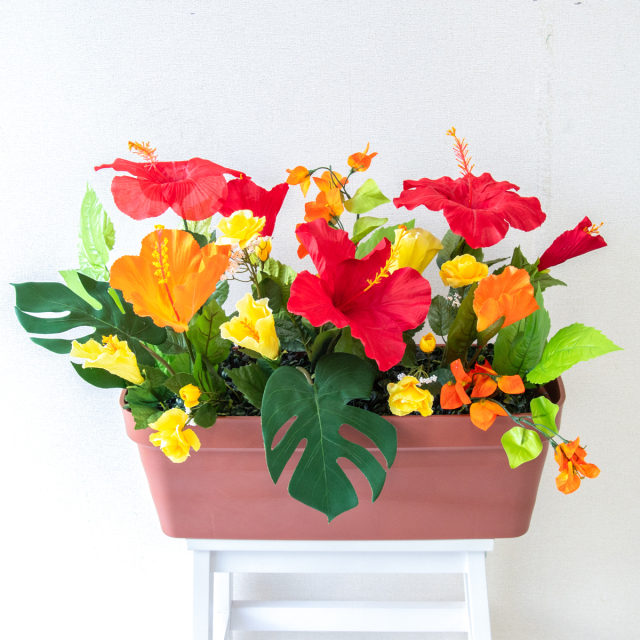 造花プランター フラワープランター フラワーアレンジメント フェイクグリーン 店舗装飾 ディスプレイ パチンコ店 工事現場 住宅展示場 モデルハウス ショールーム 夏装飾 マルチカラー/PF729-LB 造花プランター(ハイビ・ブーゲンビリア)