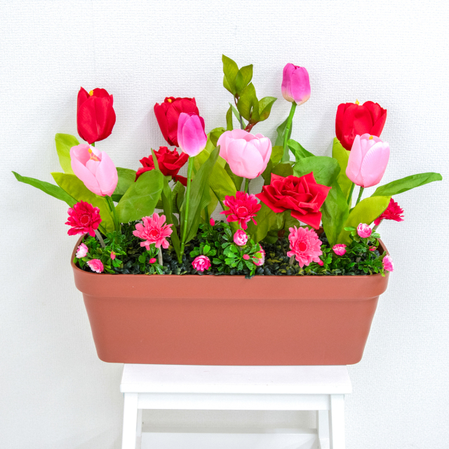 造花プランター フラワープランター フラワーアレンジメント フェイクグリーン 店舗装飾 ディスプレイ パチンコ店 工事現場 住宅展示場 モデルハウス ショールーム 春装飾 ピンク/PF754-LB 造花プランター(チューリップ・ガーベラ):Aプ