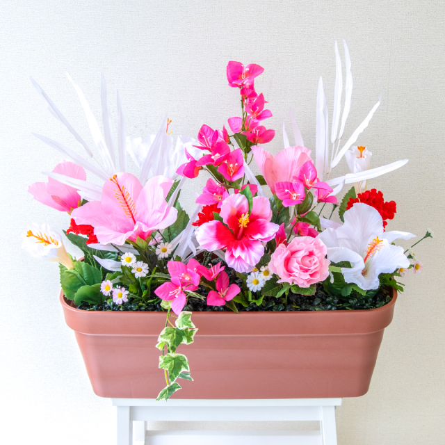 造花プランター フラワープランター フラワーアレンジメント フェイクグリーン 店舗装飾 ディスプレイ パチンコ店 工事現場 住宅展示場 モデルハウス ショールーム 夏装飾 ピンク/PF817-LB 造花プランター(ハイビ・ブーゲンビリア):Aプ