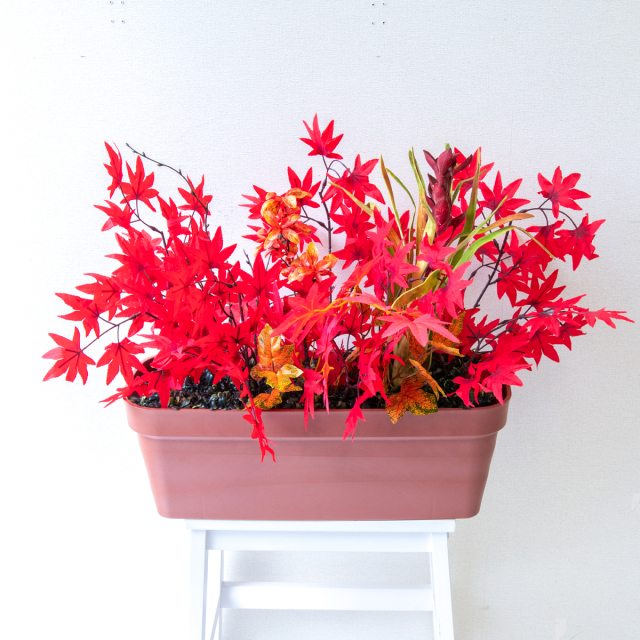 造花プランター フラワープランター フラワーアレンジメント フェイクグリーン 店舗装飾 ディスプレイ パチンコ店 工事現場 住宅展示場 モデルハウス ショールーム 秋装飾 レッド/PF820-LB 造花プランター(もみじ・かえで):Aプ
