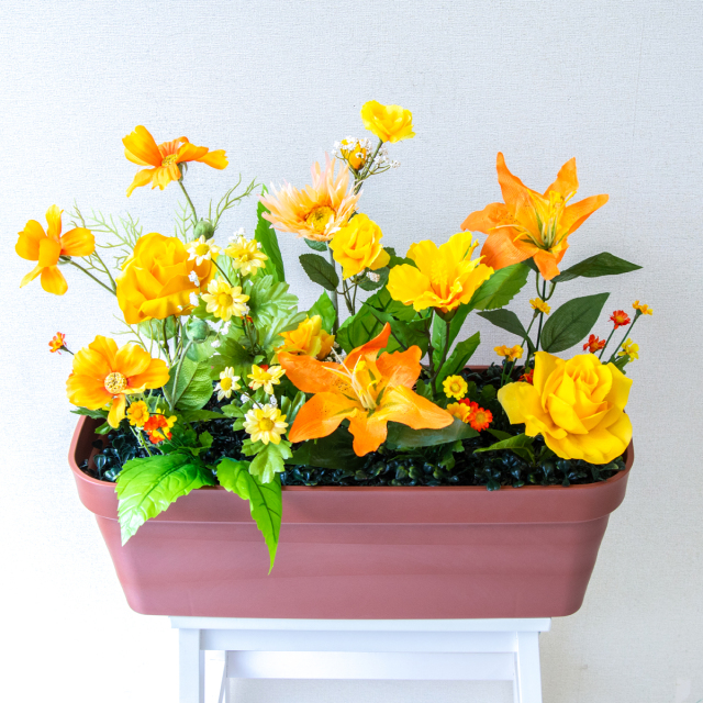 造花プランター フラワープランター フラワーアレンジメント フェイクグリーン 店舗装飾 ディスプレイ パチンコ店 工事現場 住宅展示場 モデルハウス ショールーム ミックス オレンジ/PF823-LB 造花プランター(デイジー・コスモス):Aプ