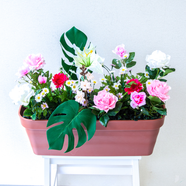 造花プランター フラワープランター フラワーアレンジメント フェイクグリーン 店舗装飾 ディスプレイ パチンコ店 工事現場 住宅展示場 モデルハウス ショールーム ミックス ミックス/PF824-LB 造花プランター(デイジー・ユリ):Aプ