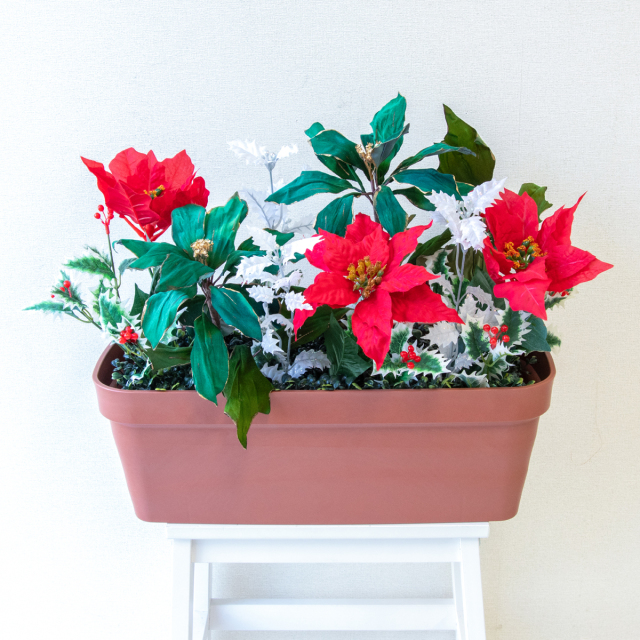 造花プランター フラワープランター フラワーアレンジメント フェイクグリーン 店舗装飾 ディスプレイ パチンコ店 工事現場 住宅展示場 モデルハウス ショールーム 冬装飾 クリスマス マルチカラー/PF828-LB 造花プランター(ひいらぎ・ポインセチア):Aプ