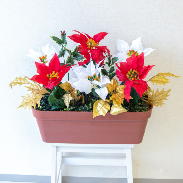 造花プランター フラワープランター フラワーアレンジメント フェイクグリーン 店舗装飾 ディスプレイ パチンコ店 工事現場 住宅展示場 モデルハウス ショールーム 冬装飾 クリスマス マルチカラー/PF829-LB 造花プランター(ひいらぎ・ポインセチア):Aプ