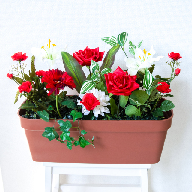 造花プランター フラワープランター フラワーアレンジメント フェイクグリーン 店舗装飾 ディスプレイ パチンコ店 工事現場 住宅展示場 モデルハウス ショールーム ミックス レッド/PF838-LB 造花プランター(バラ・ガーベラ):Aプ