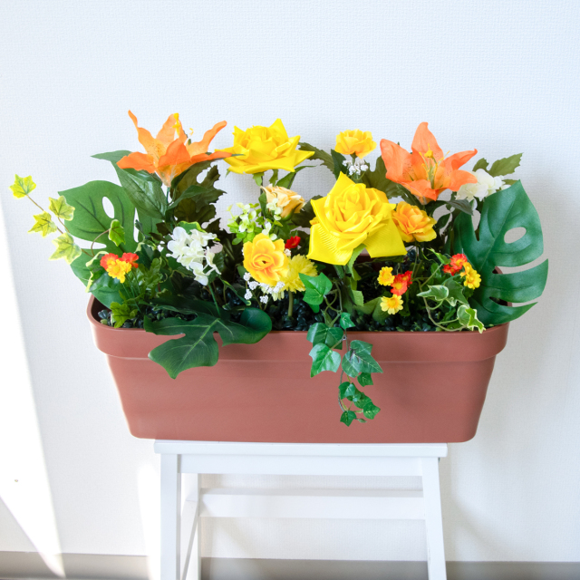 造花プランター フラワープランター フラワーアレンジメント フェイクグリーン 店舗装飾 ディスプレイ パチンコ店 工事現場 住宅展示場 モデルハウス ショールーム ミックス マルチカラー/PF839-LB 造花プランター(バラ・ユリ・モンステラ):Aプ