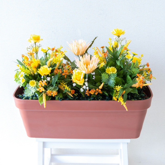 造花プランター フラワープランター フラワーアレンジメント フェイクグリーン 店舗装飾 ディスプレイ パチンコ店 工事現場 住宅展示場 モデルハウス ショールーム ミックス イエロー/PF845-LB 造花プランター(ガーベラ・バラ)