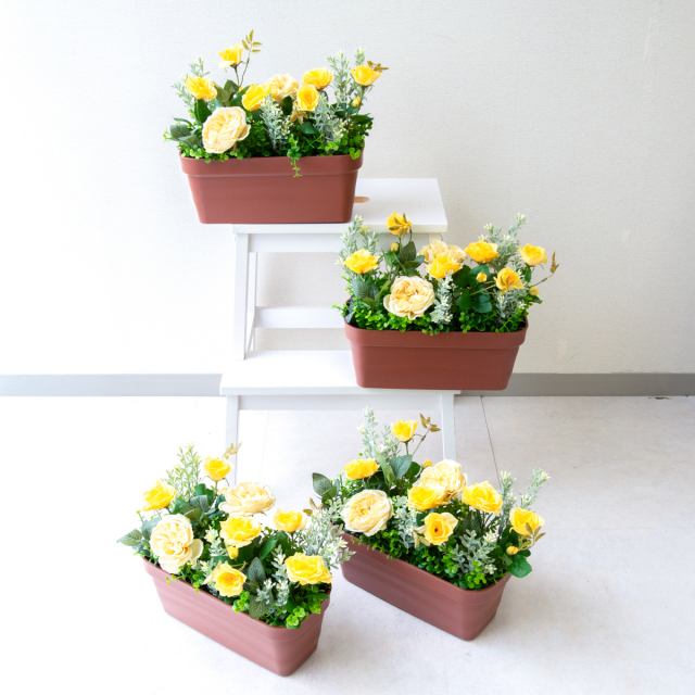 造花プランター フラワープランター フラワーアレンジメント フェイクグリーン 店舗装飾 ディスプレイ パチンコ店 工事現場 住宅展示場 モデルハウス ショールーム 通年 イエロー/PF848-MINI 造花ミニプランター(ローズ)/4個セット