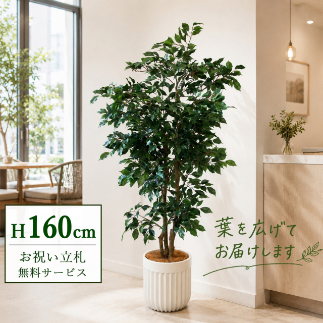 【すぐ飾れる】 フェイクグリーン フィカス ベンジャミン 160cm  鉢付き / 法人・開店祝い 店舗・オフィス装飾 空間演出 立札無料・造花/PG1007-BPK29IV