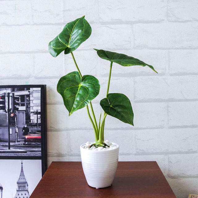 フェイクグリーンポットアロカシアラインポット【GLA-1307】 高さ30cm 陶器鉢 / フェイクグリーン 人工観葉植物 インテリア 卓上 おしゃれ 装飾 置き型 (PG130)