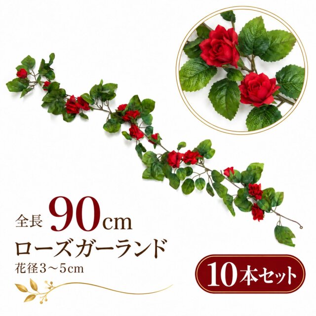【在庫限り特価】造花 ガーランド ローズ バラ 薔薇 レッド 10本セット / フェイクフラワー 店舗装飾 ディスプレイ 壁掛け 飾り付け インテリア イベント装飾/PGA001-R-SET10