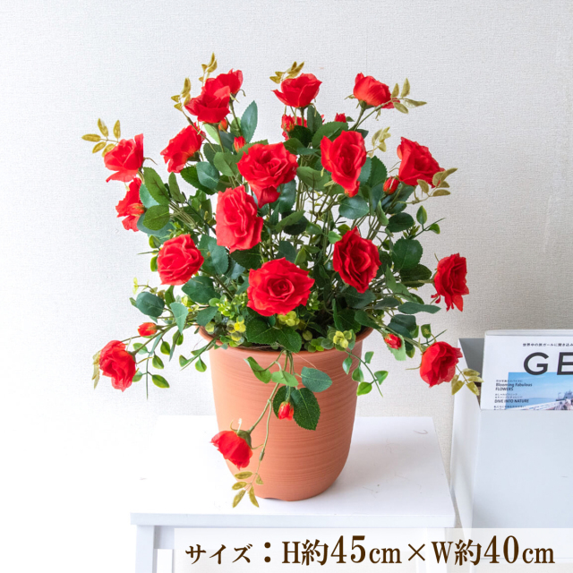 造花 フェイク グリーン ポット 人工 観葉 プランター フラワー アレンジメント アートフラワー フェイクグリーン 店舗装飾 ディスプレイ インテリア 住宅展示場 モデルハウス ショールーム 通年 レッド【PU010-APOTLB 造花プランターポット(ガーデンローズレッド)】