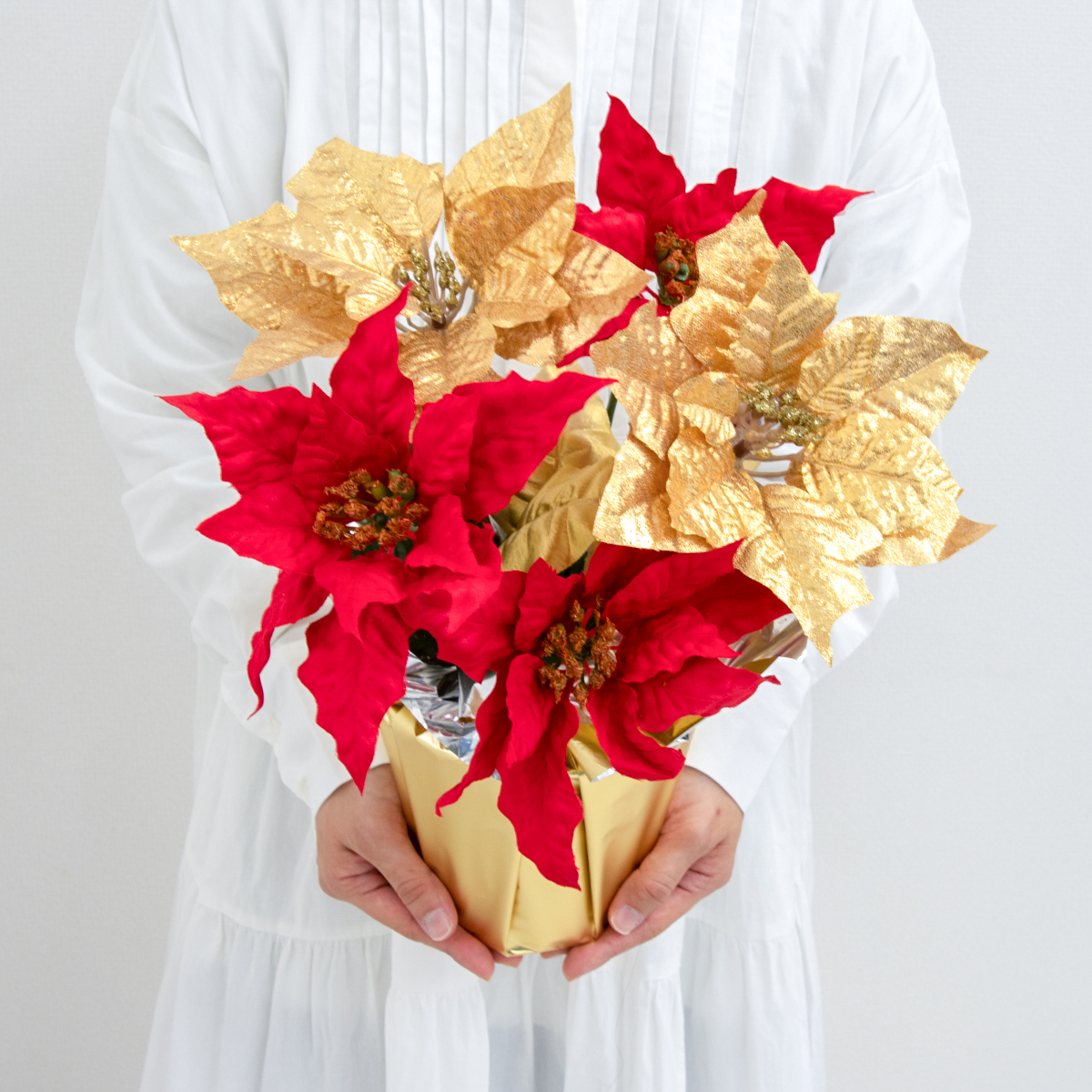 造花アレンジメントポット(ポインセチア/レッドゴールド) 高さ38cm   /クリスマス装飾 フラワーアレンジメント テーブルプランター インテリアフラワー フェイク 卓上 おしゃれ 装飾 置き型 店舗装飾 店内装飾  (PAS145)
