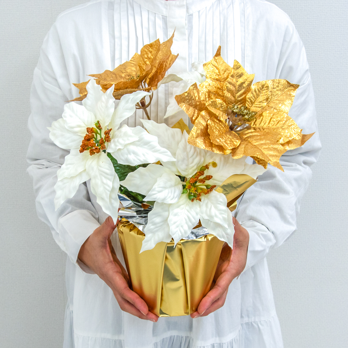 造花アレンジメントポット(ポインセチア/ホワイトゴールド) 高さ38cm   /クリスマス装飾 フラワーアレンジメント テーブルプランター インテリアフラワー フェイク 卓上 おしゃれ 装飾 置き型 店舗装飾 店内装飾  (PAS146)