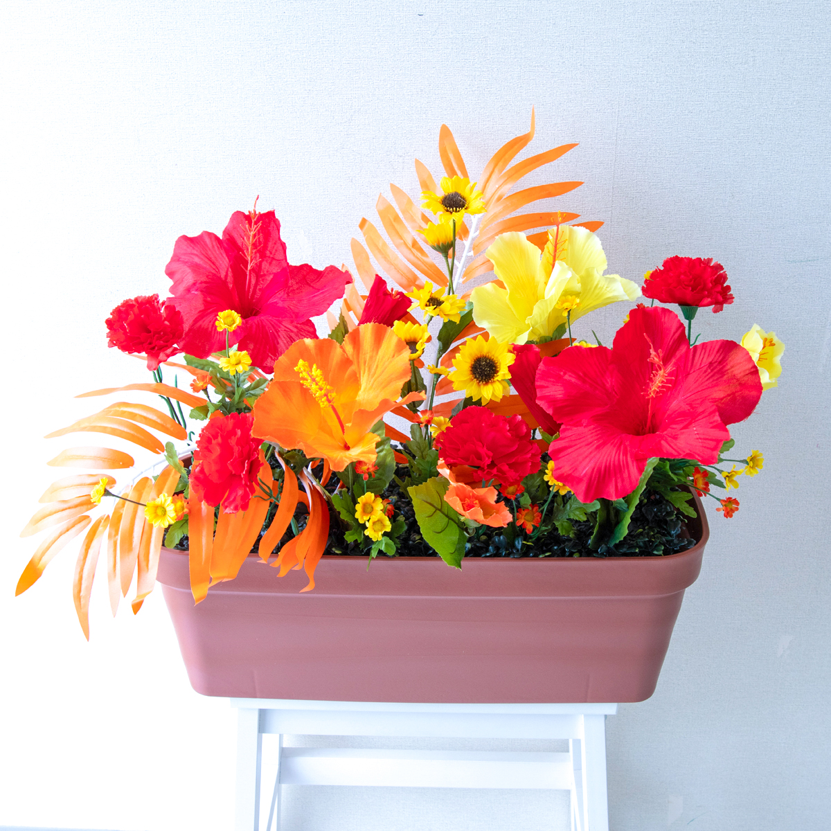 造花プランター フラワープランター フラワーアレンジメント フェイクグリーン 店舗装飾 ディスプレイ パチンコ店 工事現場 住宅展示場 モデルハウス ショールーム 夏装飾 マルチカラー/PF781-LB 造花プランター(ひまわり・ハイビスカス):Aプ