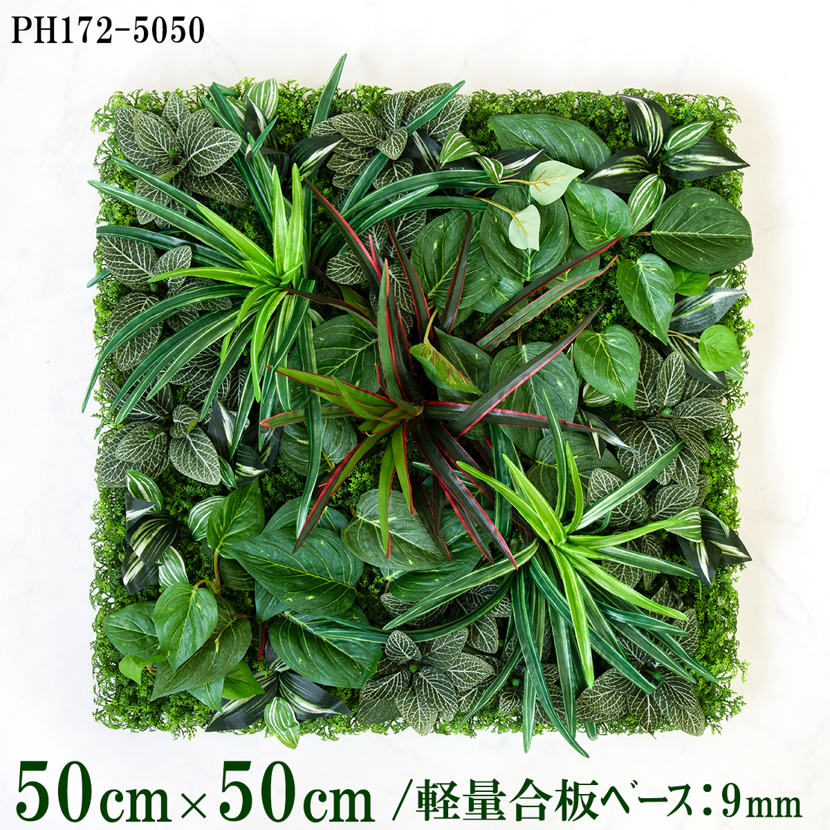 造花壁面緑化ボード【施工業者様向け】50cm×50cm 軽量合板ベース / 組み合わせ方は自由！！ グリーンパネル ウォールグリーン フェイク 壁掛け 人工観葉 内装 店内 店舗 装飾 ディスプレイ インテリア 施設/PH172-5050(ウォーターリーフベース×デザイン)