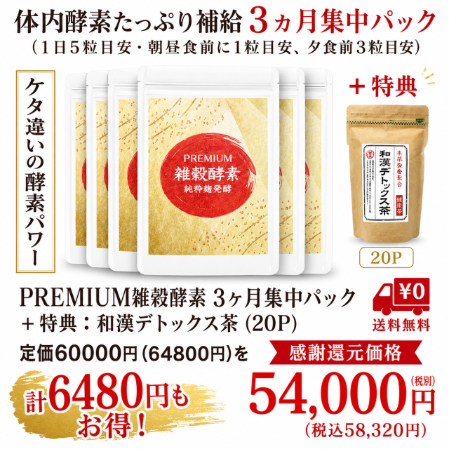 PREMIUM雑穀酵素３ヶ月集中パック(5袋)+特典：和漢デトックス茶（5g×20p）