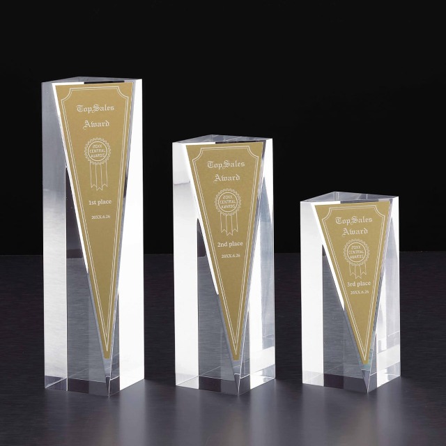 アクリル製トロフィー　真鍮プレート付　エッチング加工【Y-D57-01_Cサイズ】高さ：15.0cm　幅：8.5cm《デザイン確定後 通常10営業日前後で出荷》