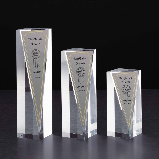 アクリル製トロフィー　ステンレスプレート付　エッチング加工【Y-D57-02_Cサイズ】高さ：15.0cm　幅：8.5cm《デザイン確定後 通常10営業日前後で出荷》