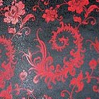 よさこいなど衣装などに最適な　チャイナドレス生地・チャイナ生地　（羽根と牡丹・黒地×赤）