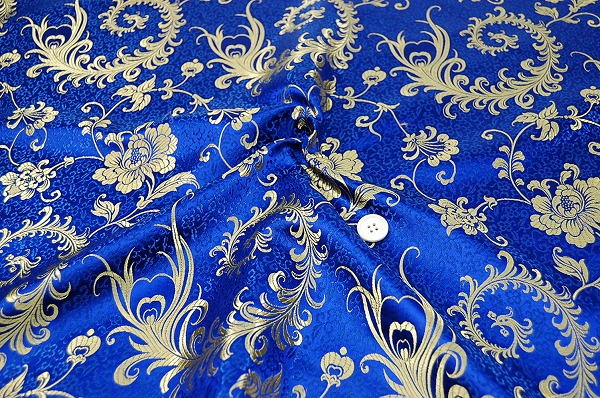 よさこいなど衣装などに最適な　チャイナドレス生地・チャイナ生地　（羽根と牡丹・青×金色）