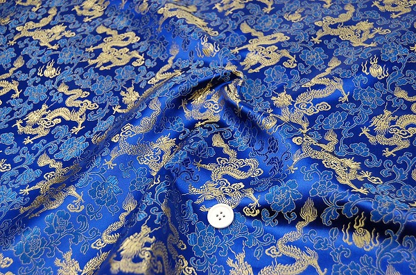 よさこいなど衣装などに最適な　チャイナドレス生地・チャイナ生地　竜と牡丹 青地に金