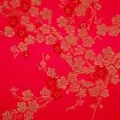 よさこいなど衣装などに最適な　チャイナドレス生地・チャイナ生地　梅の柄　赤地に金　【50cm単位】 （0635-79）