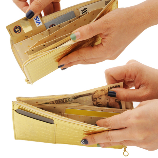 極薄長財布 クロコ型押しゴールド Becker ベッカー 日本製 タイト 薄い財布 メタリック 型押しゴールド 財布の通販luxe リュクス