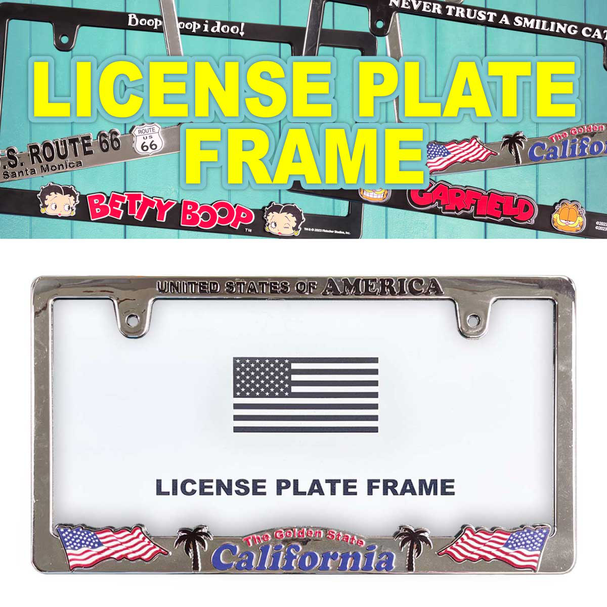 USA FLAG LICENSE PLATE FRAME  Lic-Flame-USA-FLAG アメリカ国旗柄 California ライセンス プレート フレーム 日本車対応サイズ アメリカン雑貨