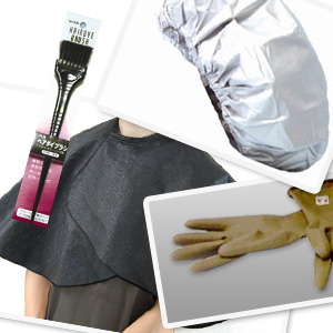 【白髪染めグッズ】 4点セット (ハケ・ヘアケープ・ゴム手袋・ヘアキャップ )