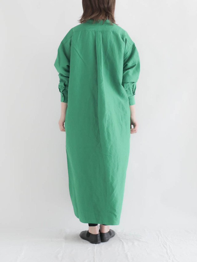 LENO リノ / リネンシルクバンドカラープルオーバードレス グリーン 