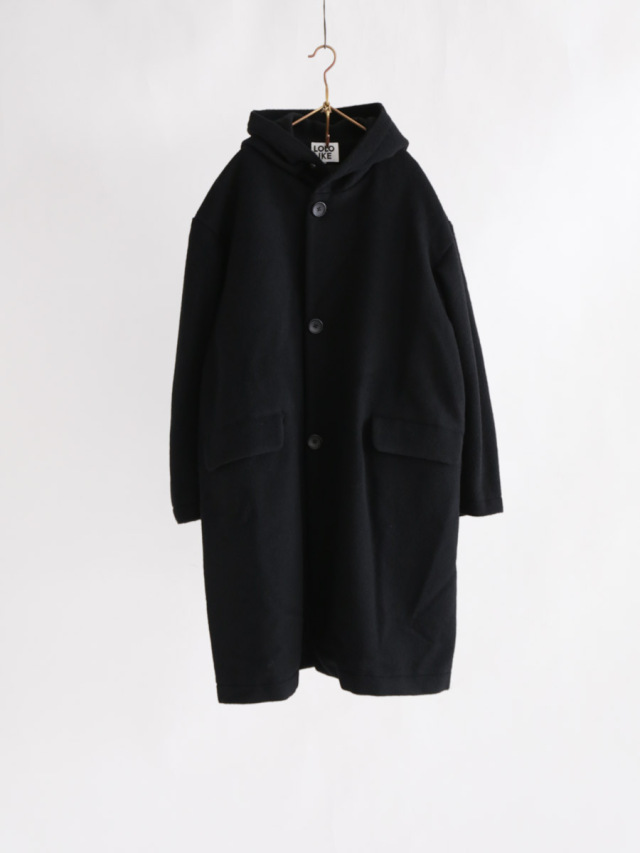 Lololike ロロライク 英国羊毛フード付きロングコート ブラック