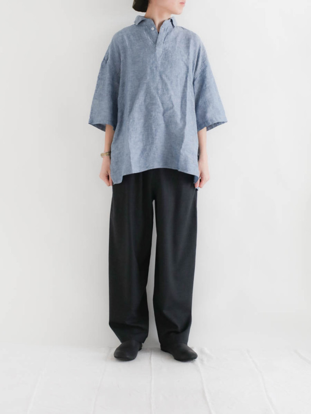 LOLOLIKE ロロライク｜リネンシャンブレー半袖ビックシャツ（ブルー）