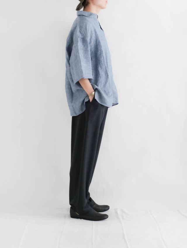 LOLOLIKE ロロライク｜リネンシャンブレー半袖ビックシャツ（ブルー）