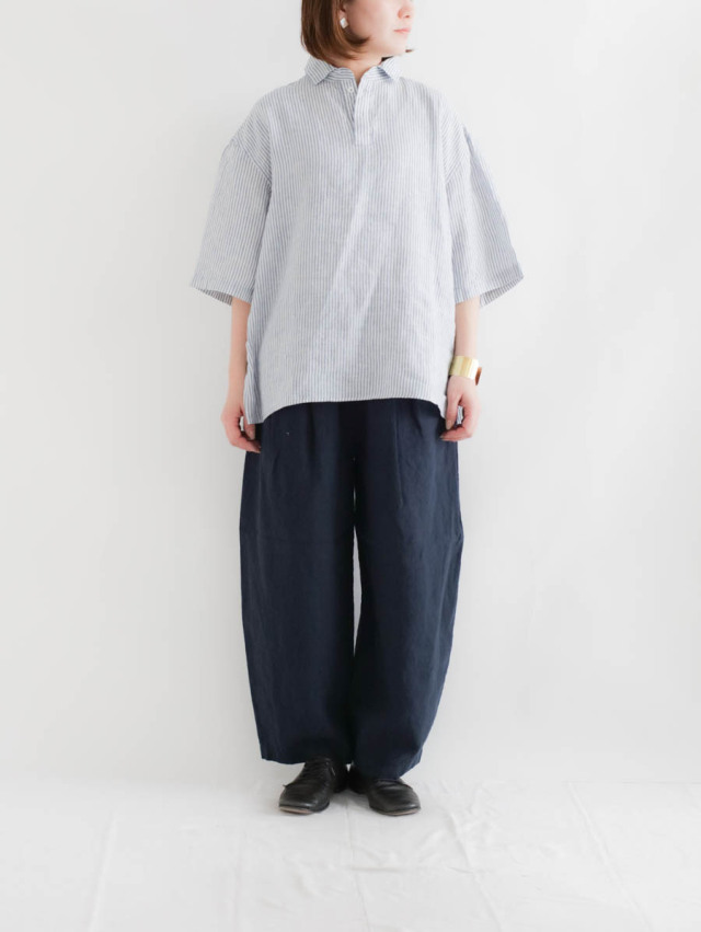 LOLOLIKE ロロライク｜リネンシャンブレー半袖ビックシャツ（ストライプ）