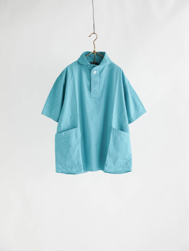 LOLO ロロ｜コットンブロード 丸衿プルオーバー半袖シャツ（ブルー