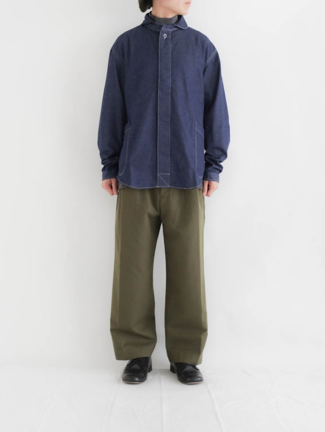 LOLO ロロ｜プルオーバー型 前開きデニム比翼シャツ（インディゴ）