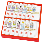 七福神あられ』の化粧箱入り、七つの風味が味ごとに袋入り