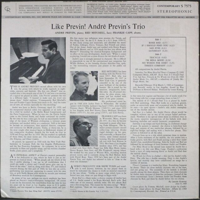 LIKE PREVIN! ANDRE PREVIN'S TRIO レコード Ｂ André Previn's Trio – Like Previn! – Vinyl (LP, Album