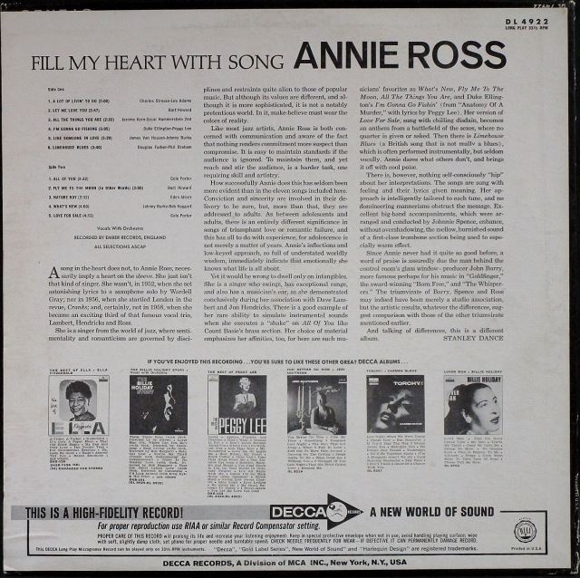 女性ジャズヴォーカル】Annie Ross アニー・ロス / Fill My