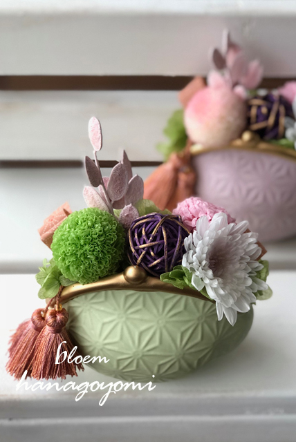 フラワー電報に！がま口の和風アレンジ（グリーン）