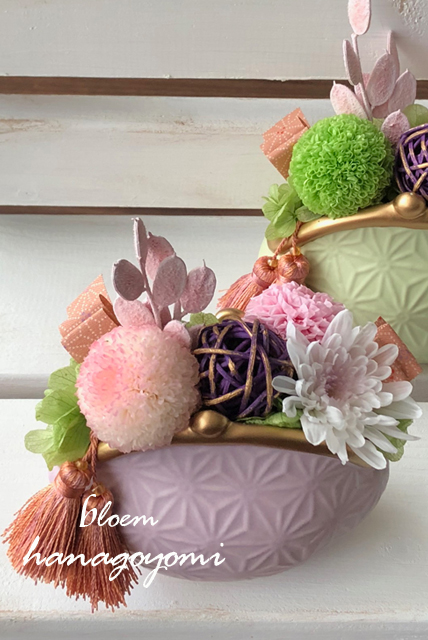 フラワー電報に！がま口の和風アレンジ（グパープル）