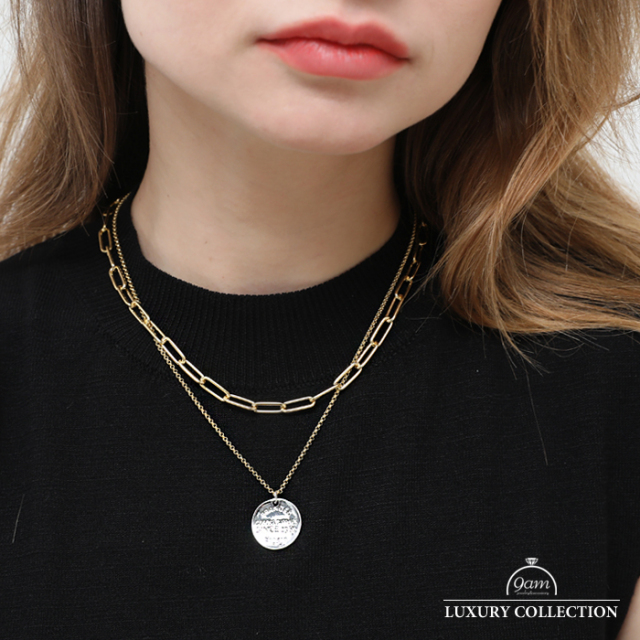 ネックレス コインモチーフ 2連 レディース　金属アレルギー対応 シンプル トレンド ショート チェーン アジャスター ゴールド シルバー ミックスカラー コイン