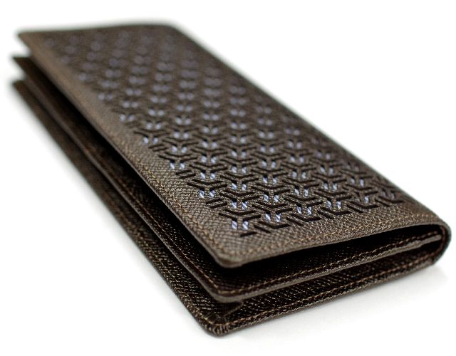 【牛革彫刻　札入れ】　組亀甲柄×ロンドンストライプ柄　ブロンズ色