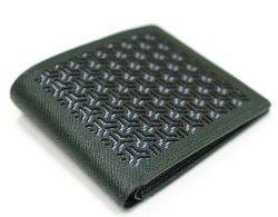 【牛革彫刻　２折財布】　組亀甲柄×ロンドンストライプ柄　ブリティッシュグリーン色