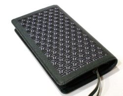 【牛革彫刻　長財布】　組亀甲柄×ロンドンストライプ柄　ブリティッシュグリーン色
