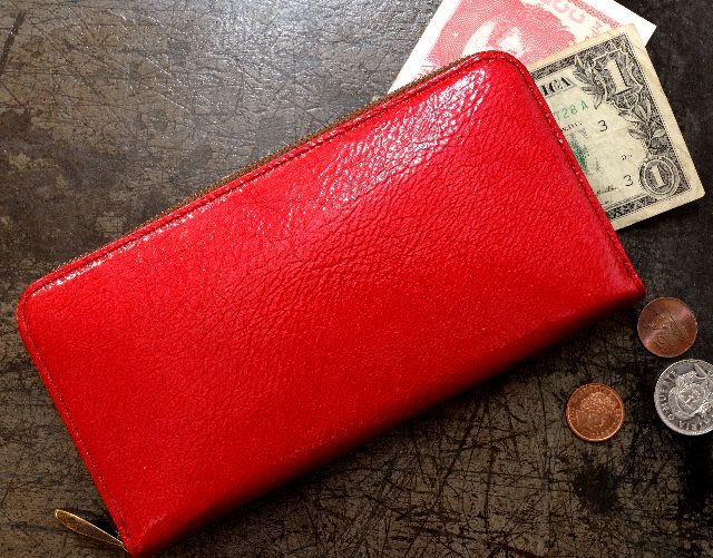 【半額セール】新品　本物　長財布　エナメル　オーブ レッド 小銭入れ 世界に一つだけのお財布】 牛革&ヴィンテージペーパー長財布 エナメル